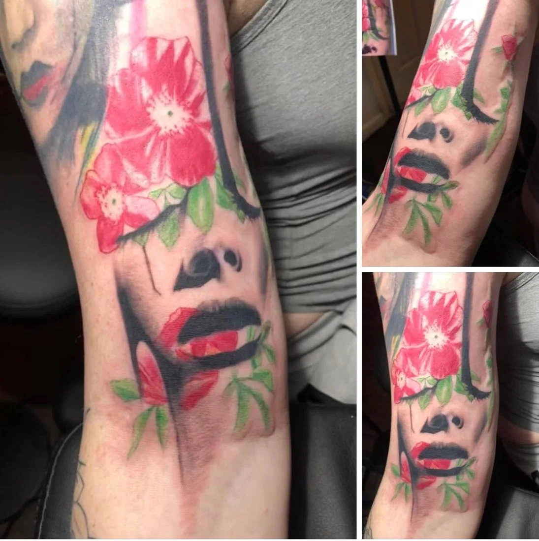 Color arm tattoo of a woman's face with red flowers over her eyes